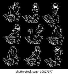 man reading cartoon character with different facial expressions. White and black
