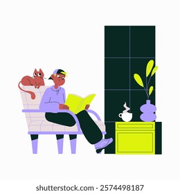 Man Reading With Cat In Flat Vector Illustration Symbolizing Relaxation, Leisure, And Comfort, Isolated On White Background