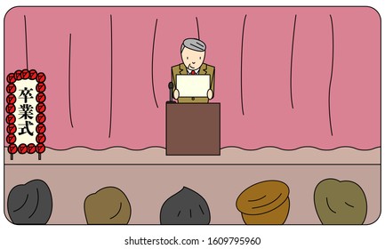 A man reading a ceremony on the stage. Translation: Graduation ceremony