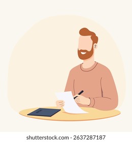 A man is reading and cheking about a report of monthly work