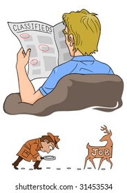 A man reading the classifieds section in a newspaper, and a cartoon of a detective man tracking down a job.
