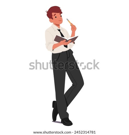 Man Reading Concept. Young Character Stands Absorbed, Book In Hand, Jotting Notes. His Focused Expression Reveals A Thirst For Knowledge And A Love Of Learning. Cartoon People Vector Illustration