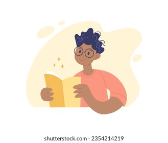 Man reading concept. Young positive african american man sitting with a book, education or learning. Vector illustration in simple style