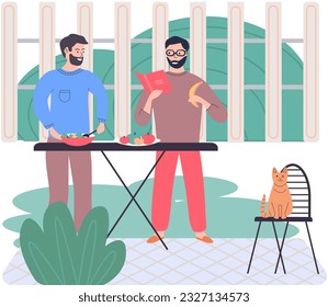 Man reading cookbook, slicing vegetables and frying food. Male character preparing vegetarian salad using recipe from book. Proper nutrition and healthy lifestyle. Process of cooking vegetarian dish