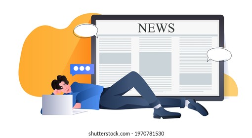 man reading daily news on laptop screen online newspaper concept