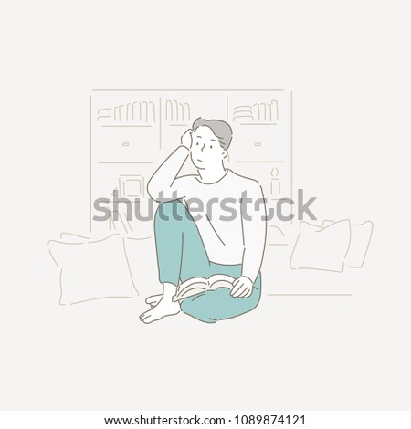 The man is reading and in a daze. hand drawn style vector doodle design illustrations.
