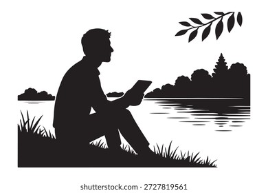 Hombre leyendo una tableta digital en un entorno al aire libre tranquilo junto al lago