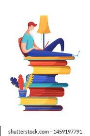 Man reading ebook flat vector illustration. Digital library archive isolated clipart on white background. Male cartoon character studying online, freelancer remote working. Internet self education