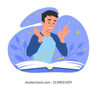 Man reading exciting book. Unexpected plot twists. Love for literature and useful hobbies, works of art. Fictional world, stories. Character in library or at home. Cartoon flat vector illustration