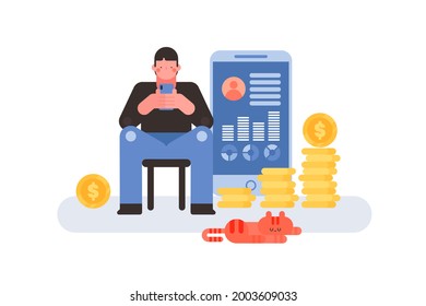 A man reading fundamental stock analysis on his phone while sitting in a chair Have a sum of money and wait for the perfect time to invest it in order for it to grow. Illustration about financial and 