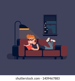 Man reading a good book on a couch at night. Flat vector illustration on book lovers with redhead male character in glasses reading in his free time