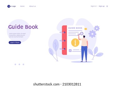 Man reading guide book or user manual and finding answer. Concept of customer guide, technical document, questions and answers. Vector illustration in flat for web banner, landing page template