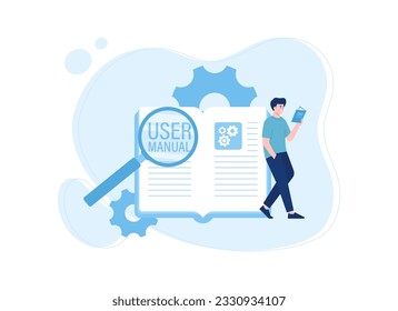 Man reading guidebook with book and magnifying glass trending concept flat illustration