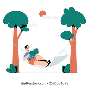 Man Reading in a Hammock in Flat Vector Illustration Symbolizing Relaxation, Knowledge, and Outdoor Leisure, Isolated on White Background