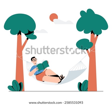 Man Reading in a Hammock in Flat Vector Illustration Symbolizing Relaxation, Knowledge, and Outdoor Leisure, Isolated on White Background