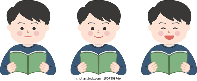 Man reading and holding open books with different expressions. Vector illustration isolated on white background.