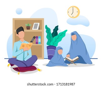 A Man Is Reading Holy Koran, And Family Moslem, Arabian, Ramadhan Kareem and Eid Al Fitr, Eid Mubarak, Man Praying and Reading the Quran. Vector Illustration, Stay Home and Pray From Home