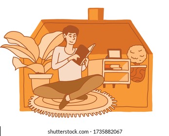 Man reading at home, Relaxing in isolation in room. Vector hand drawn illustration. Simplified Flat colors. Comfortable room with plants and books. minimal and colourful lifestyle sketch.