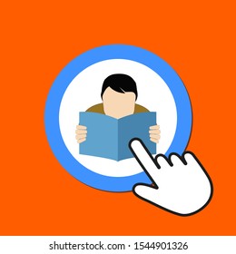 Man reading icon. FAQ, library concept. Hand Mouse Cursor Clicks the Button. Pointer Push Press