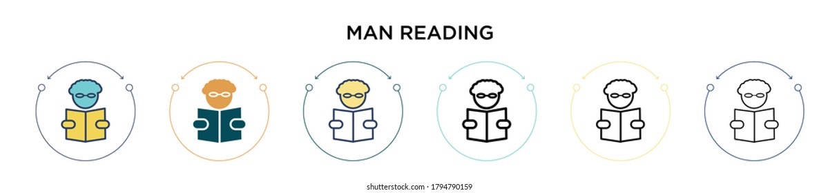 Man reading icon in filled, thin line, outline and stroke style. Vector illustration of two colored and black man reading vector icons designs can be used for mobile, ui, web