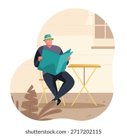 A man reading Illustrator graphic newspapers