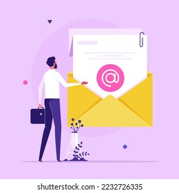 Man reading incoming electronic letter in envelope. Concept of e-mail, internet message, online communication, digital correspondence, flat vector illustration