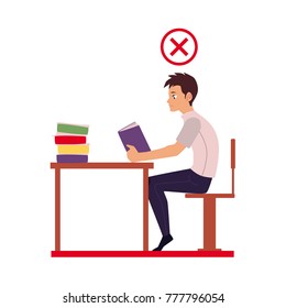 Man reading in incorrect sitting position - table too far, shoulders rolled forward, back hunched, cartoon vector illustration isolated on white background. Incorrect sitting position infographics