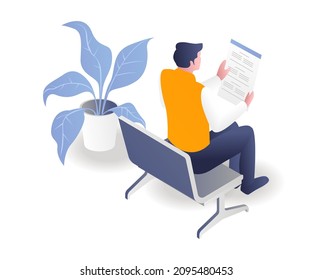 Man reading information in waiting room in isometric illustration