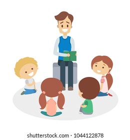 Man reading for kids on white background.