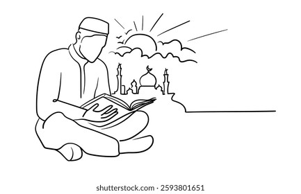 Man reading koran on prayer mat continuous line art drawing. Ramadan and Eid al-Adha. Vector illustration isolated on white background