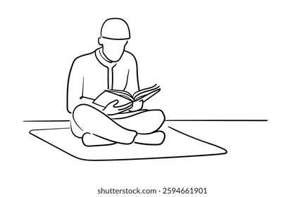 Man reading koran on prayer mat continuous line art drawing. Ramadan and Eid al-Adha. Vector illustration isolated on white background