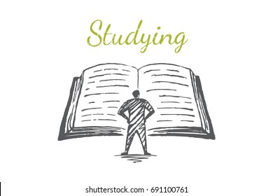 A man is reading a large book. Vector business concept illustration. Flat hand drawn sketch. Lettering studying.