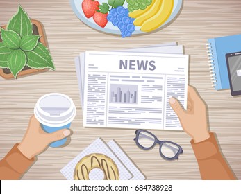 Man reading the latest news at breakfast. Human hands holding coffee to go and newspaper, phone, fruit, donut, glasses, pot. Good start in the morning before beginning the working day. Top view Vector
