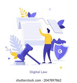 Man reading legal document, shield with copyright symbol, gavel. Concept of digital law, smart contract, electronic licence, rights protection. Modern flat vector illustration for banner, poster.