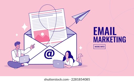 Man reading letter. Email marketing. Newsletter. Business strategy. Advertising media, target consumers, invite people, notifications, offers. Landing page website illustration vector flat design.