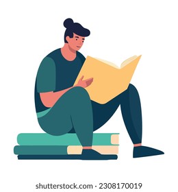 Man reading literature, studying education icon isolated
