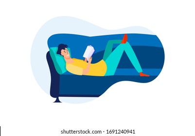 Hombre leyendo en el salón. Niño tirado en coche en casa con un libro. Ilustraciones vectoriales planas. Relajación, concepto de ocio para banner, diseño de sitio web o página web de aterrizaje
