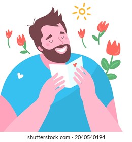 Man reading love letter. Love message from beloved. Flat design, Vector illustration