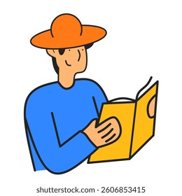 A man reading a map, planning his travel adventure. Suitable for navigation, tourism, and journey illustrations.