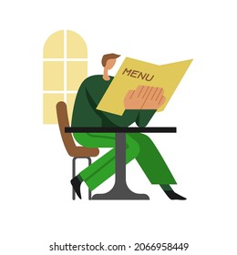 A man is reading a menu at a table. Vector illustration in a flat style. A stylized person in a cafe, restaurant, dining room. Abstract human figure