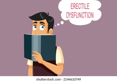 Man Reading More About Erectile Dysfunction Vector Illustration. Puzzled guy having difficulties learning more about his medical problem
