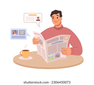 Man reading morning newspaper, media information. Person read magazine sources, vector illustration. News informative broadcast male, flat cartoon character sitting at table with cup of coffee