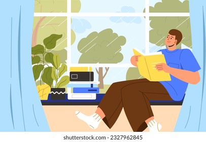 Man reading near window concept. Young guy sits with book and looks at backyard. Useful hobby and love of literature. Education, learning and training. Cartoon flat vector illustration