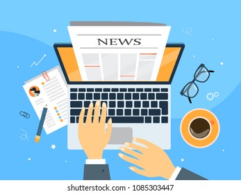 Man reading news on computer screen with coffee.