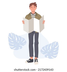 A man is reading news paper,paper.Flat vector cartoon character illustration