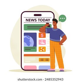 Man reading news. Young guy stands near large smartphone with digital newspaper. Mass media and journalism. Information and knowledge. Flat vector illustration isolated on white background