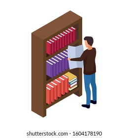 man reading a newspaper and bookshelf over white background, vector illustration