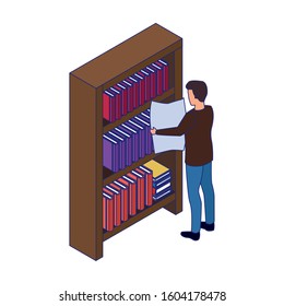 man reading a newspaper and bookshelf over white background, vector illustration