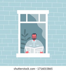 Man is reading a newspaper by the open window. View from the street side. Funky flat style. Vector illustration