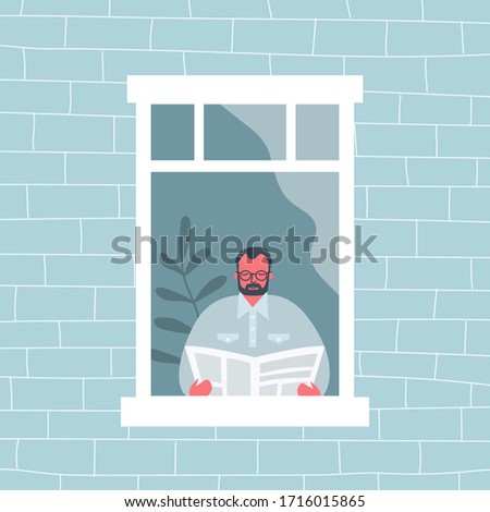 Man is reading a newspaper by the open window. View from the street side. Funky flat style. Vector illustration